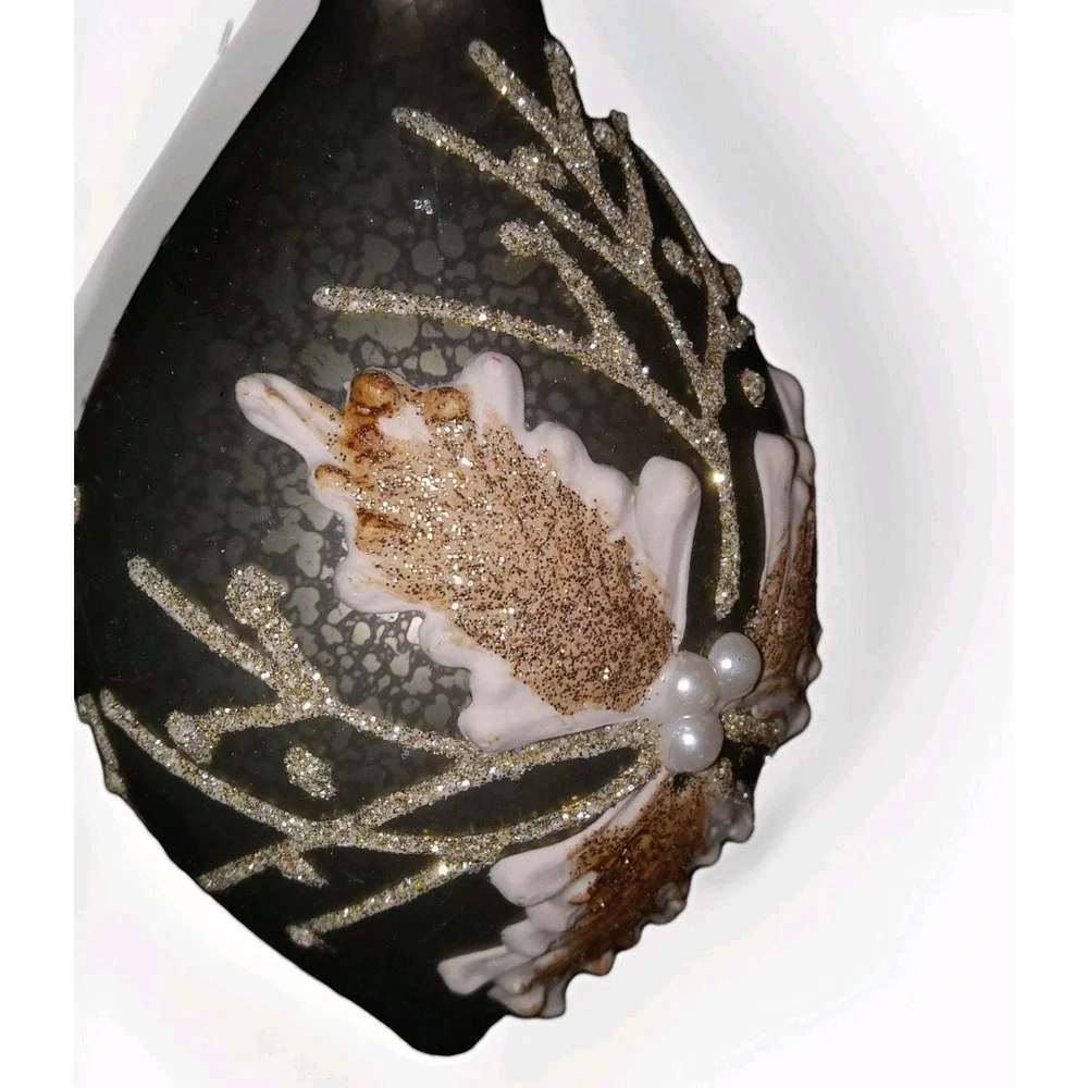 New Christmas Ornament‎ Glass Silver Antiqued Ivory Poinsettia 5.5 in